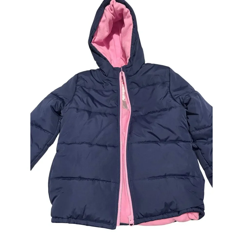 Carters 8 navy blue hooded pink fleece lined puffer jacket pockets nwot